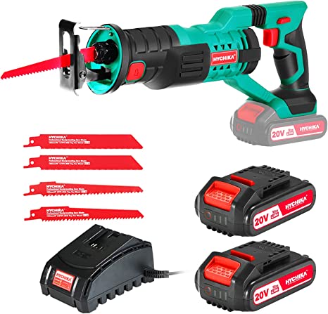 HYCHIKA Cordless Reciprocating Saw 20V 2Ah 2 Batteries 4 Saw Blades