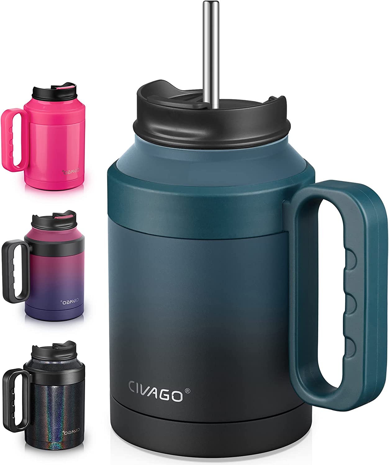 CIVAGO 50 oz Insulated Water Bottle Jug with Handle and Straw