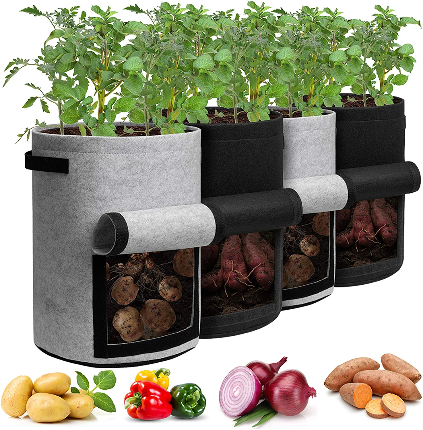 Homyhoo Potato Grow Bags with Flap 10 Gallon, 4 Pack Planter Pot with Handle